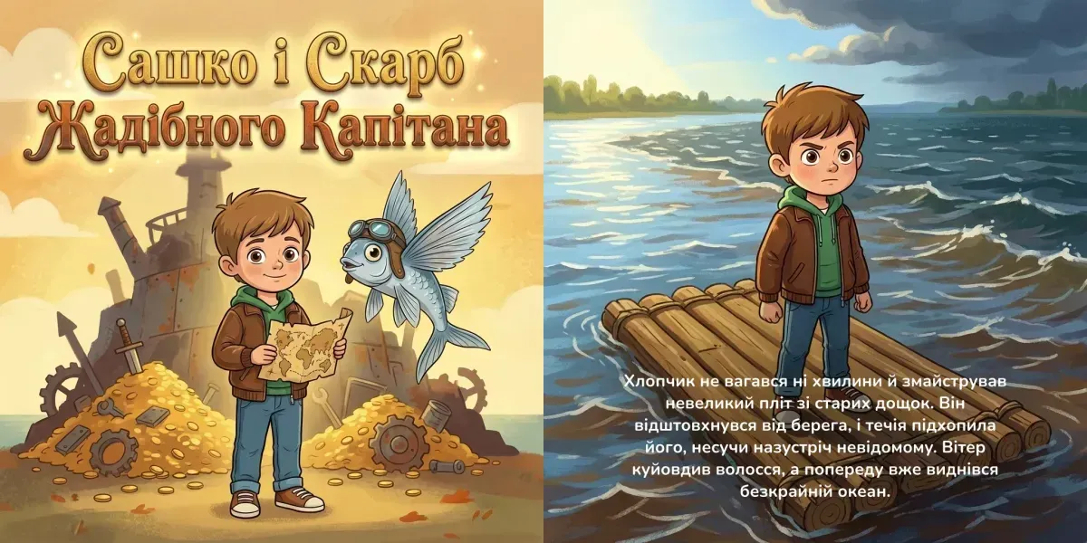 Приклад персональної казки: обкладинка і сторінка книжки «Сашко і Скарб Жадібного Капітана»