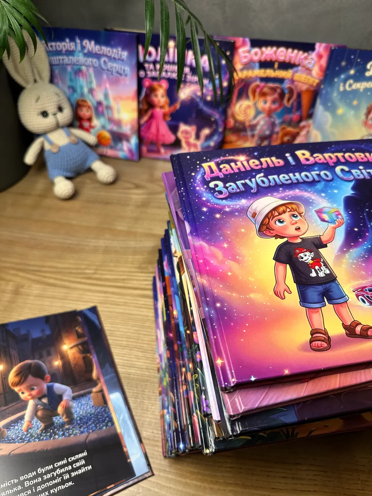 Друкована іменна казка для хлопчика: книга з героєм на обкладинці лежить на стосі інших іменних книг
