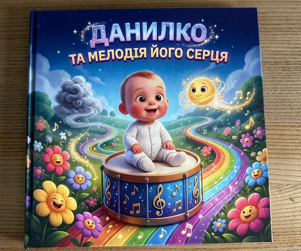 Друкована іменна казка «Данилко та мелодія його серця»: на обкладинці малюк у білому сидить на барабані серед квітів